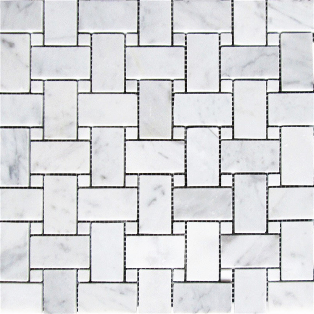 C650XP Carrara White Marble Basketweave Mosaic Tile White Dots Polished 1×2