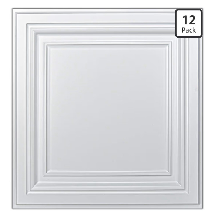 PVC Ceiling Tiles, 2’x2′ Plastic Sheet in White 12-Pack Glue Down