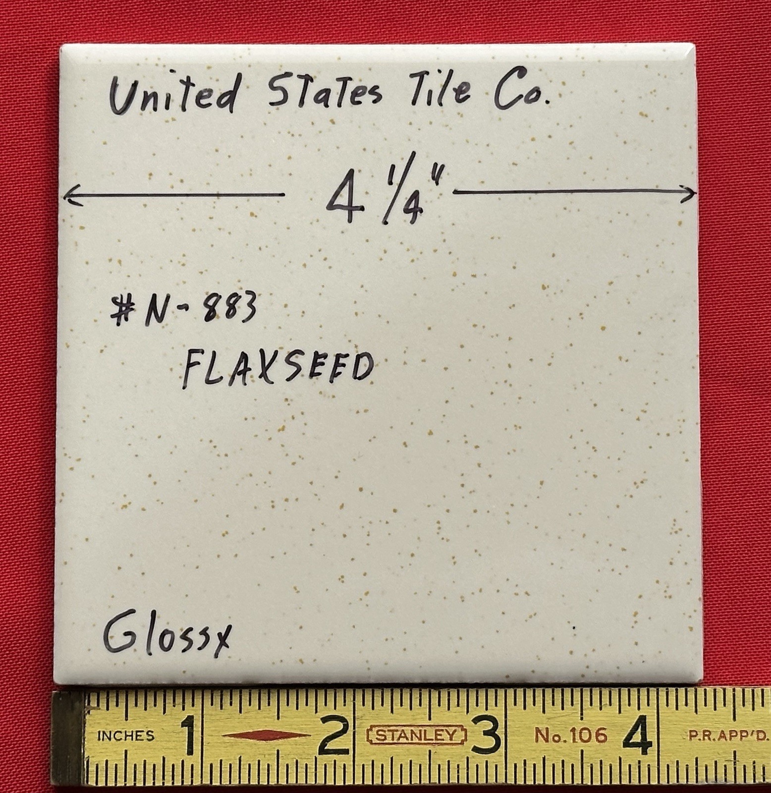 1 pc. Flaxseed: 4-1/4″ Gloss Speckled-Gold-Beige Ceramic United States Tile Co.