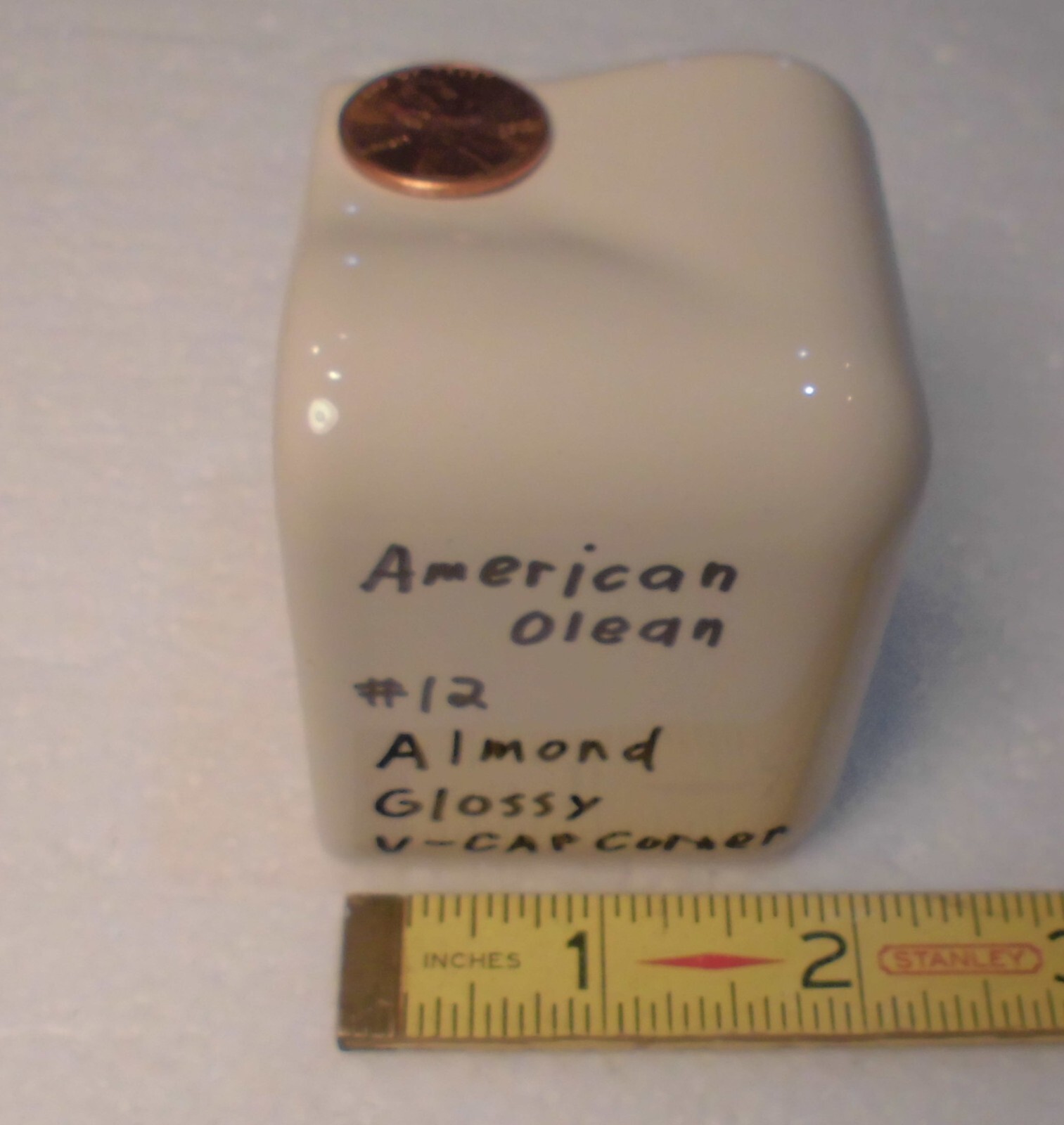 1 pc. Gloss Almond: #12: V Cap Corner Ceramic Trim Tile: Counter Edging, A.O.