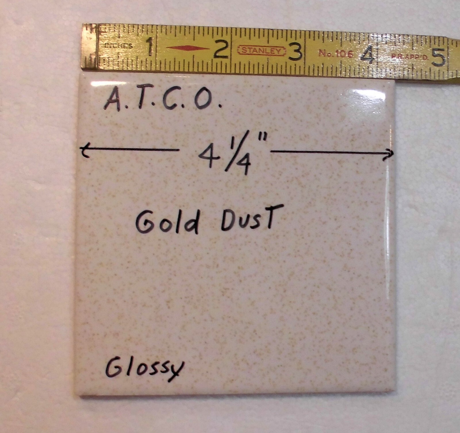 1 pc. *Gold Dust* 4-1/4″ Glossy Ceramic Tile: by A.T.C.O. white + gold specks