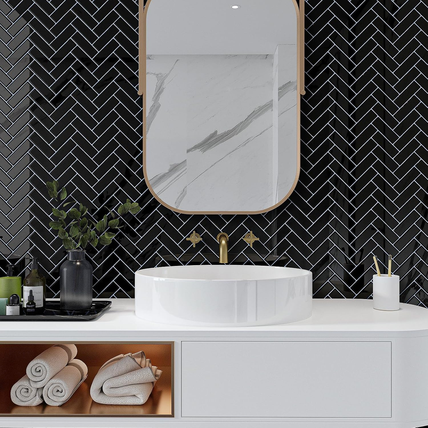 20 Sheets Black Herringbone Peel and Stick Backsplash Tiles 12″x12