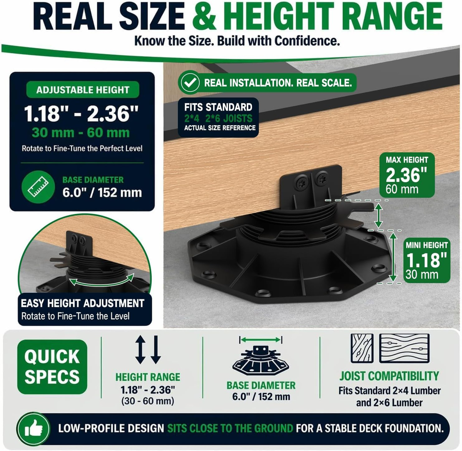 Adjustable Deck Support Pedestals 12 Pack for 2×4 2×6 Joists Ground Leveling