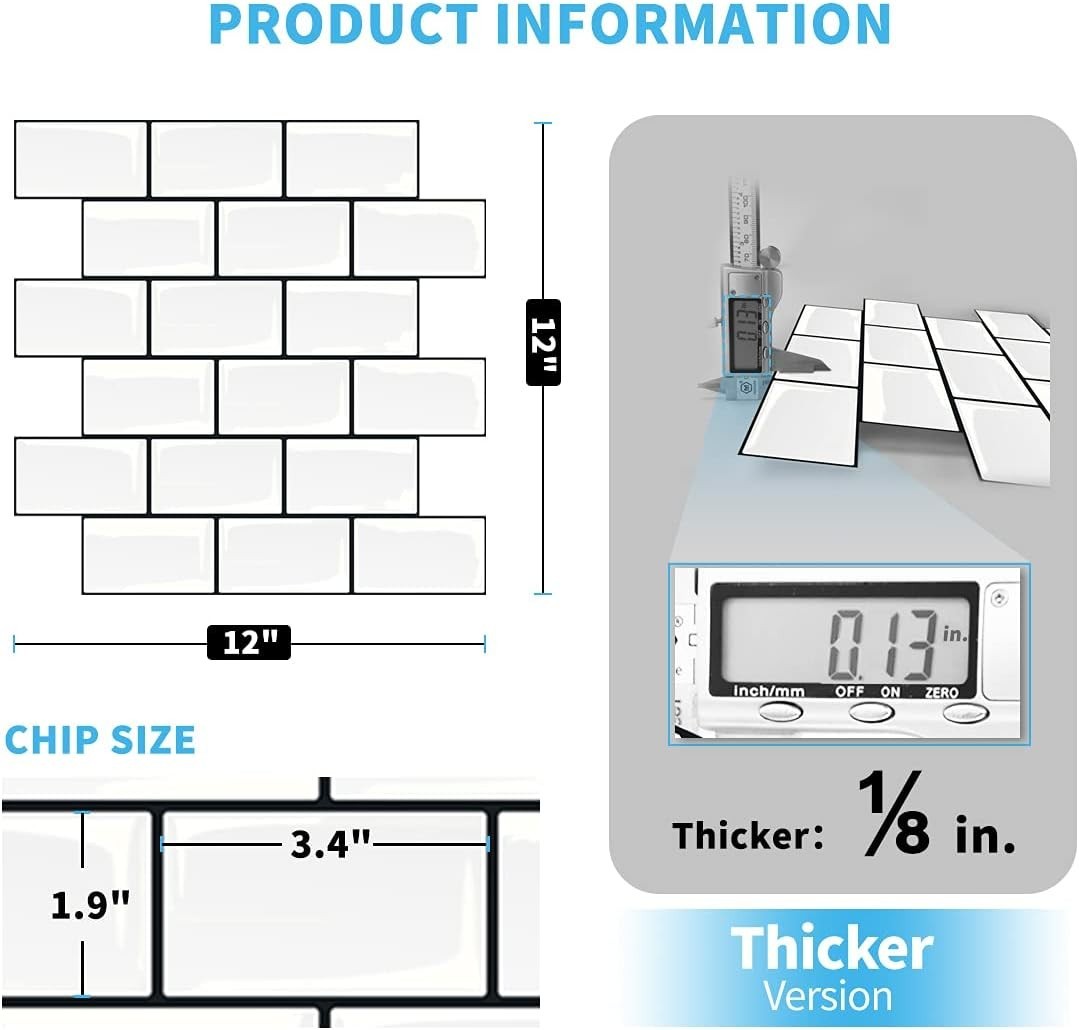 Peel and Stick Backsplash for Kitchen White Subway 10 Tiles, Thicker Design