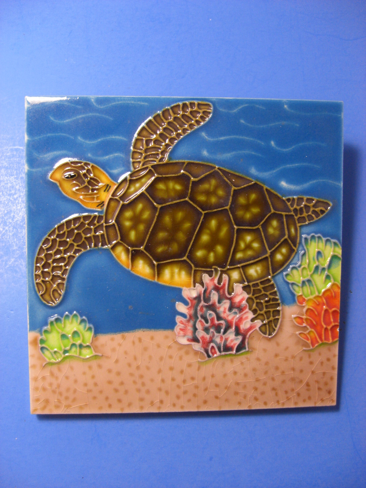 Sea Turtle Swimming in Coral-Seaweed Coastal 4X4 Ceramic Tile Scene