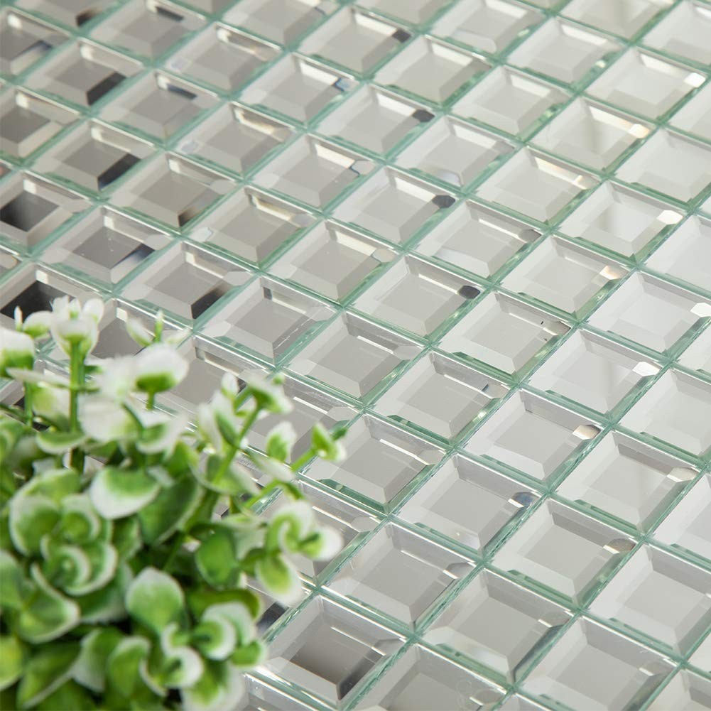 Beveled Silver Mirror Glass Mosaic Tile 12×12 Inch Backsplash – 5 Sheets for Kit