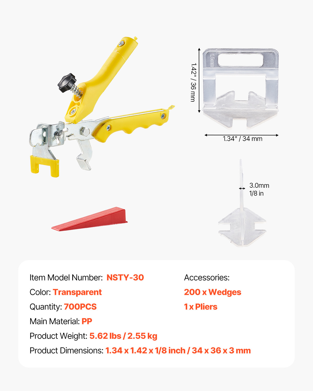 Tile Leveling System 1/8″ (3 mm) 700pcs Tile Spacers+200 Reusable Wedges 1 Plier