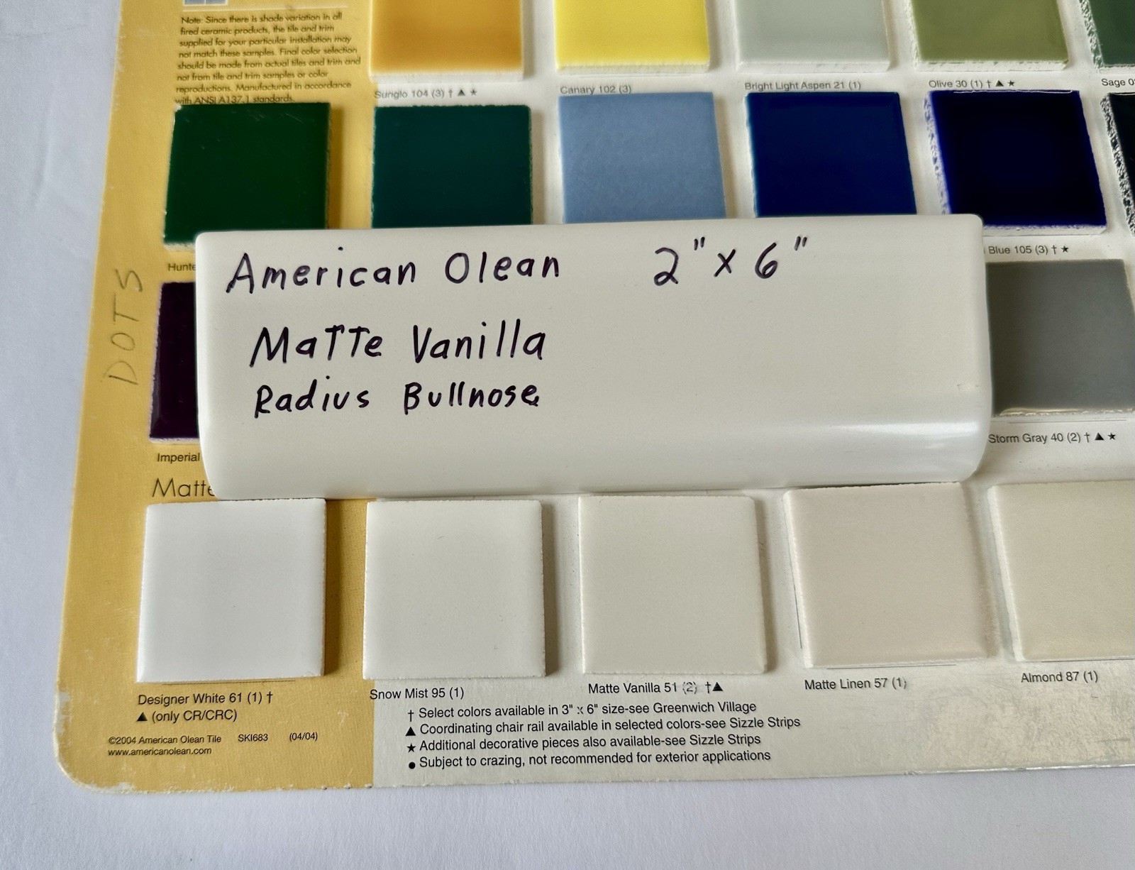 1 pc. Vanilla / off- white: 2″ X 6″ Radius Bullnose Ceramic Tile: American Olean