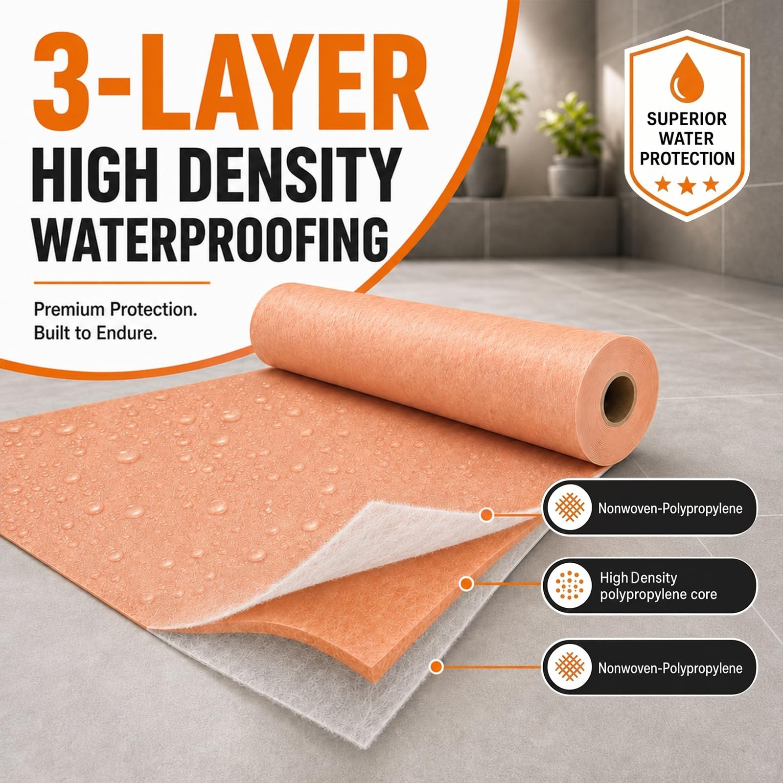 Waterproof Shower Membrane 3.8Ft x 33Ft, 125 Sq Ft, 23.6 Mils Thick Tile Underla