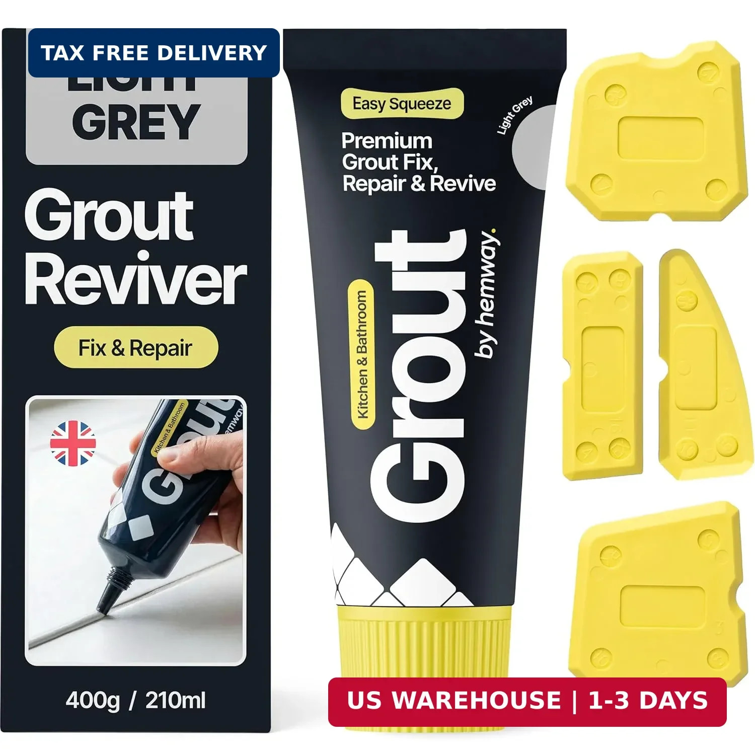 Hemway Light Grey Grout Reviver Kit 400g Tile Repair w/4 Tool Set