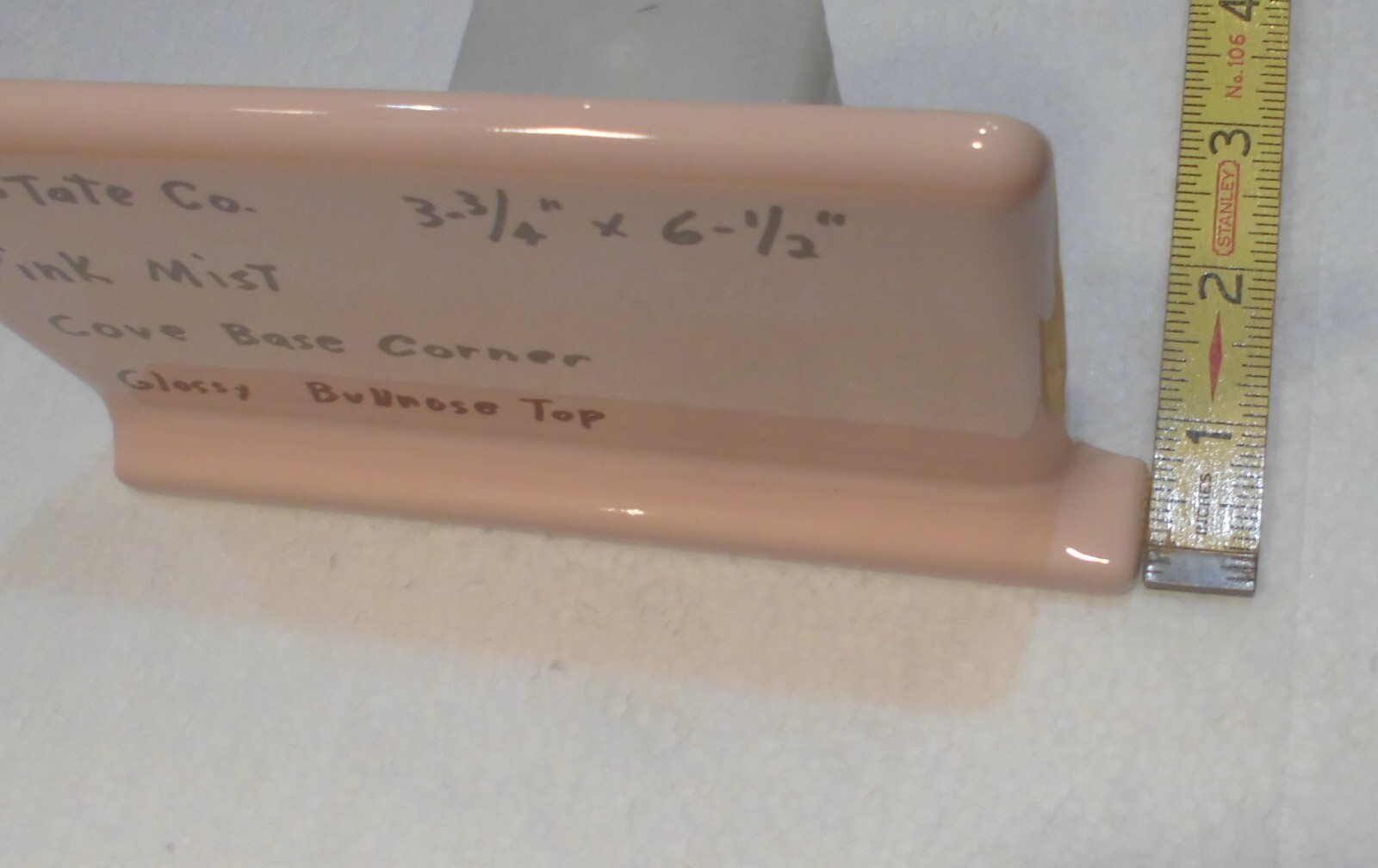 1 pc. *Pink Mist* Finish Corner Bullnose Top cove/base Ceramic Tile 3.75″ X 6.5″