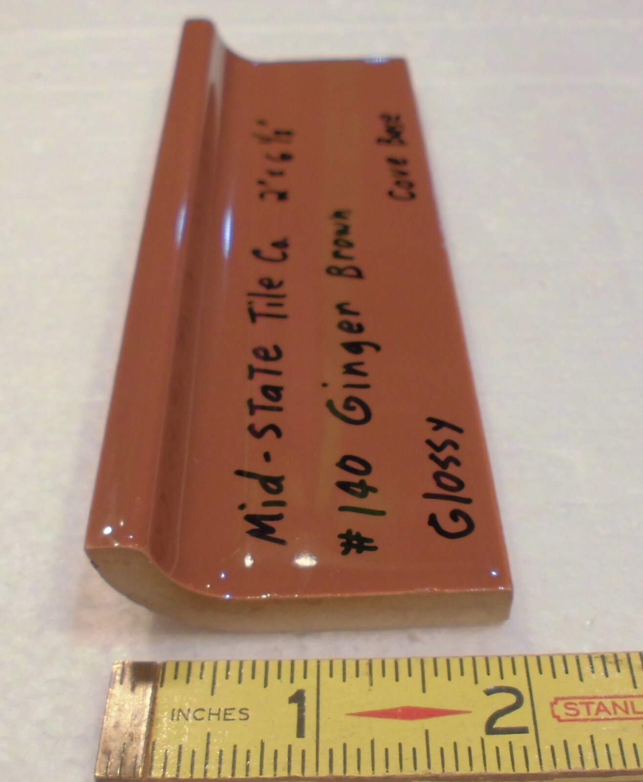 1 pc. Medium Brown: 2” X 6-1/8” Glossy Ceramic Cove Base Tile, Flat Top, NOS