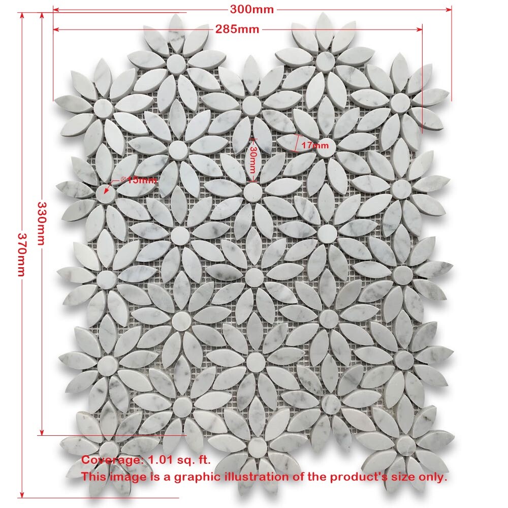 C9D0XH Carrara Venato Carrera Marble Daisy Flower Pattern Mosaic Tile Honed