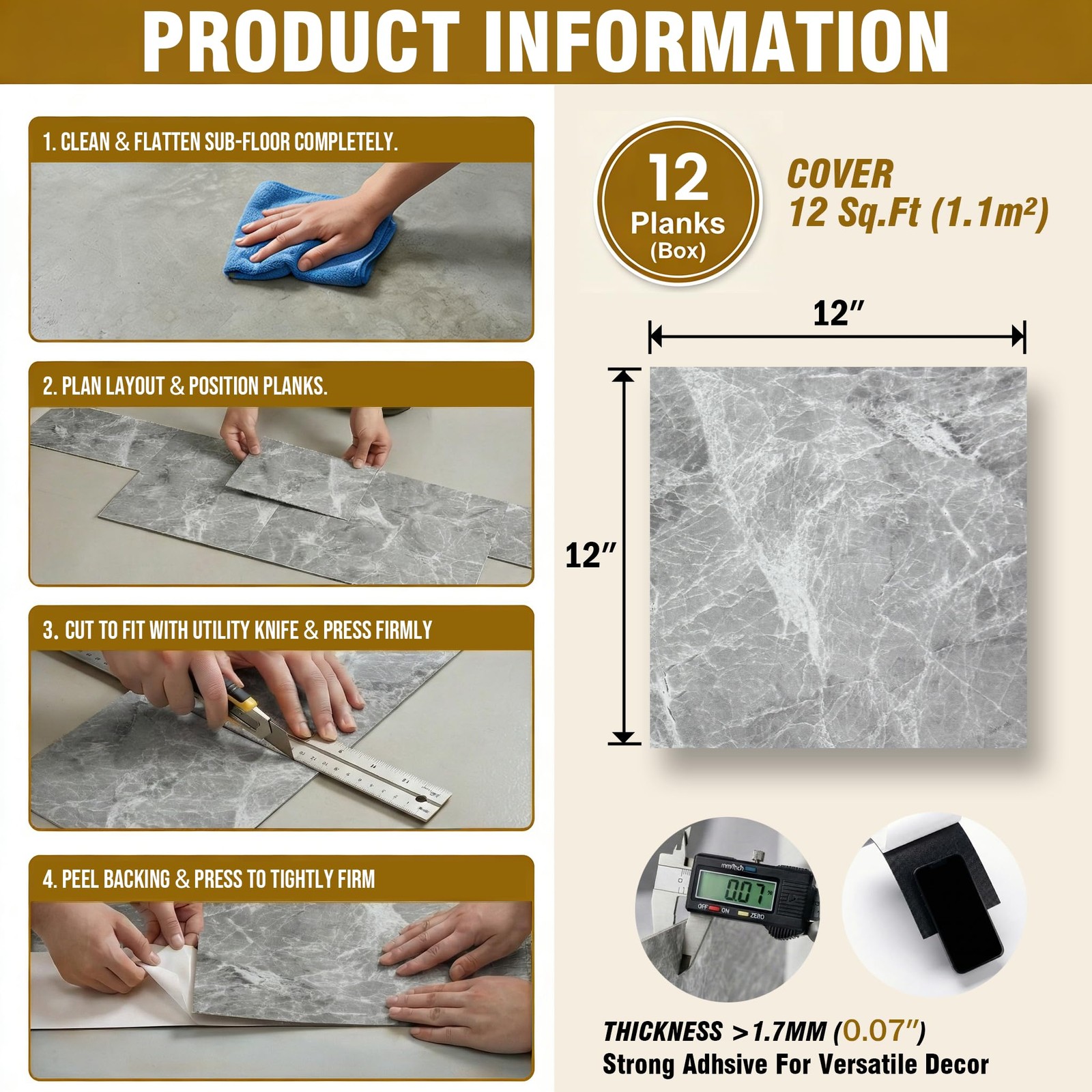Peel and Stick Floor Tiles, 12 Sq.Ft Waterproof Vinyl Flooring, 1.8mm Thick C…
