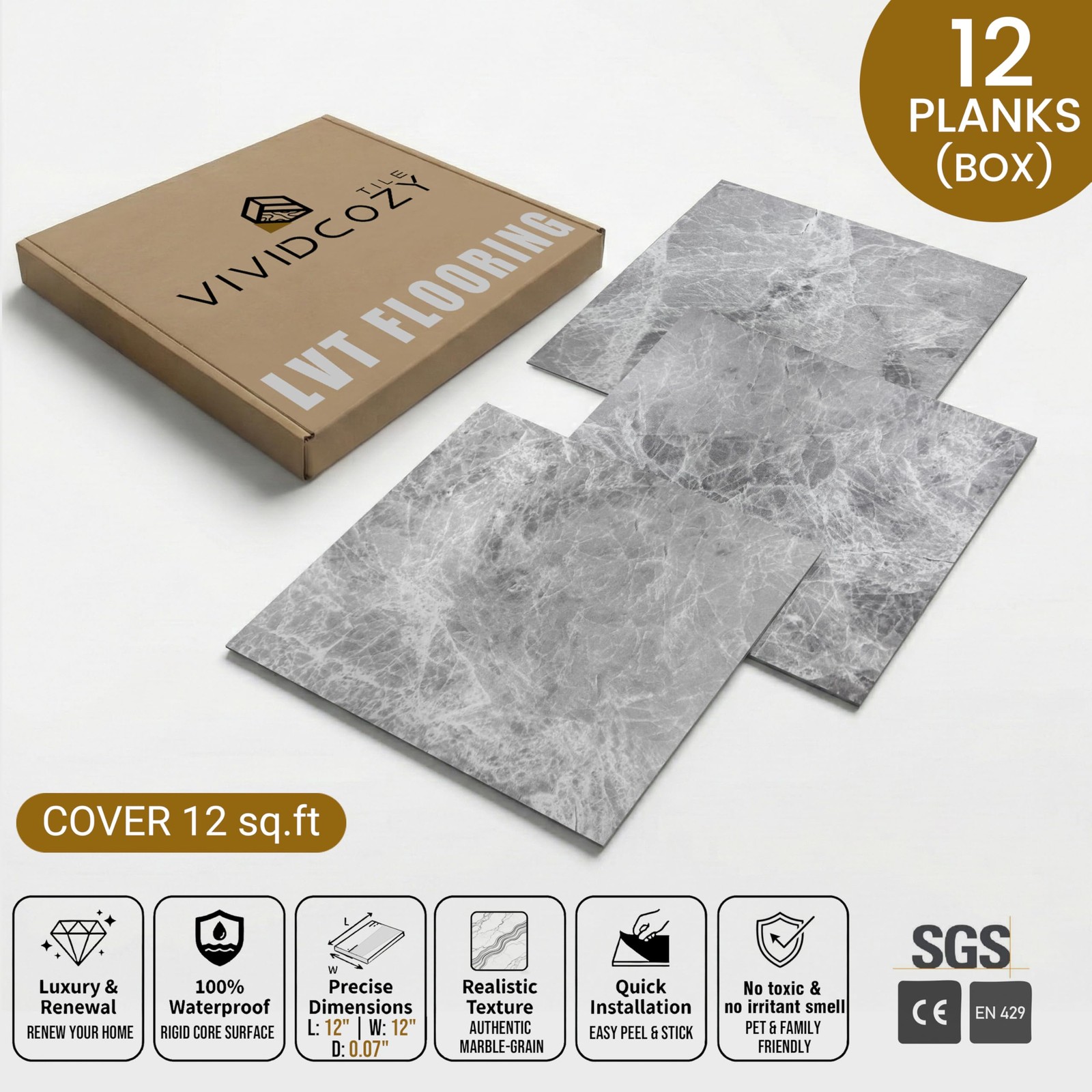 Peel and Stick Floor Tiles, 12 Sq.Ft Waterproof Vinyl Flooring, 1.8mm Thick C…