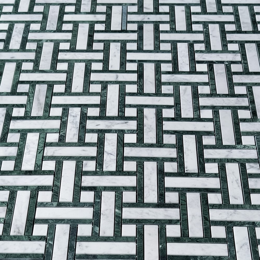 C66A2XH Carrara White Marble Twine Basketweave Mosaic Tile Indian Green Honed