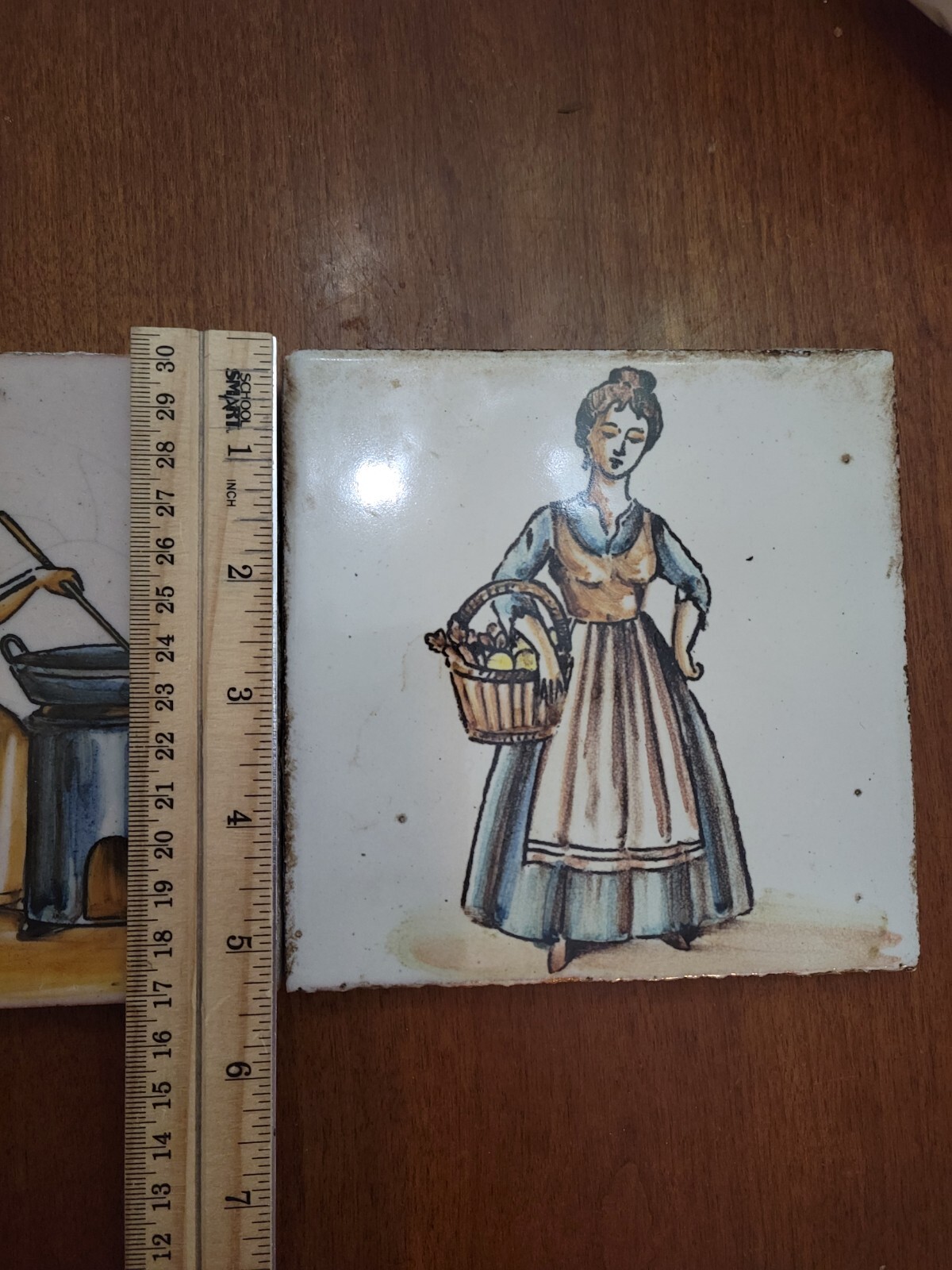 ANTIQUE European Italy Art lady ceramic porcelain Handpainted tiles Salvage