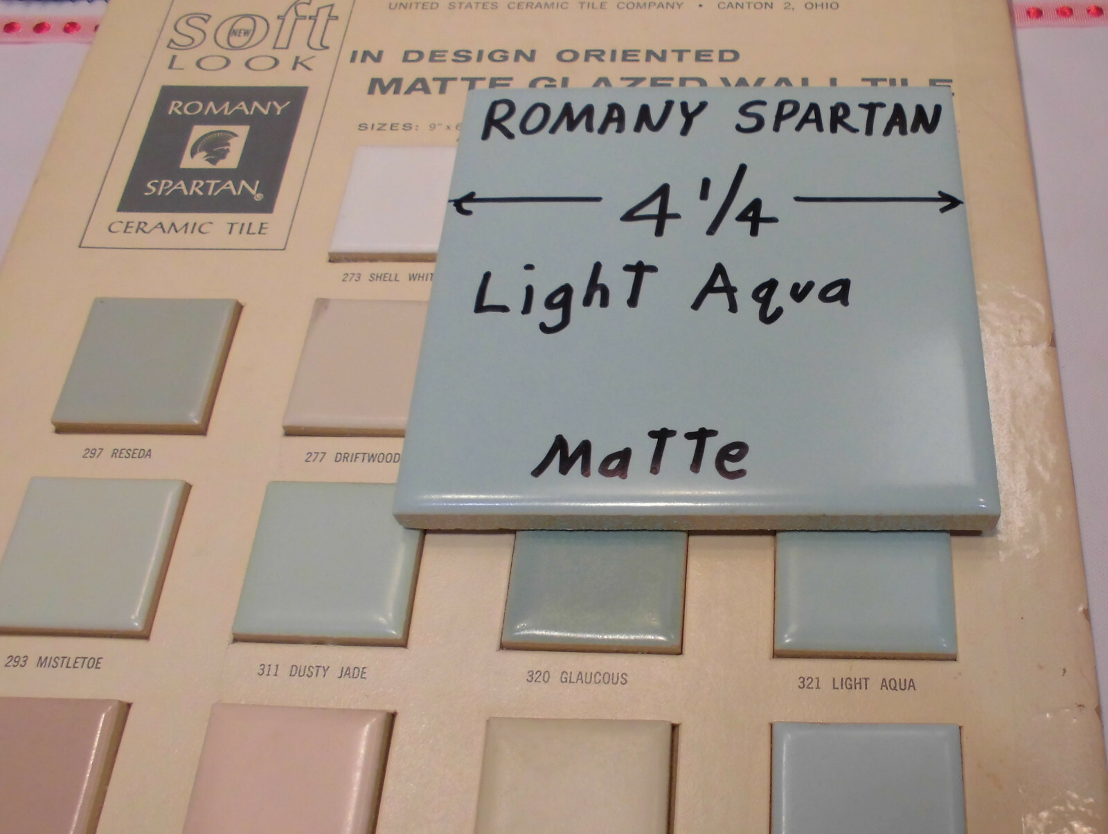 1pc. *Aqua / Light Blue * 4-1/4″ Matte Ceramic Tile; Romany Co. Made 1940’s
