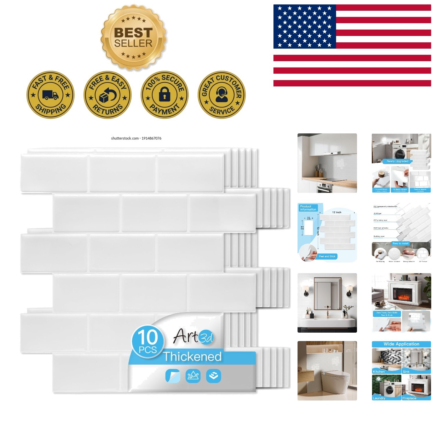 Modern Peel and Stick Tiles – 12″x12″ Thicker White Washed for Kitchen & Bath