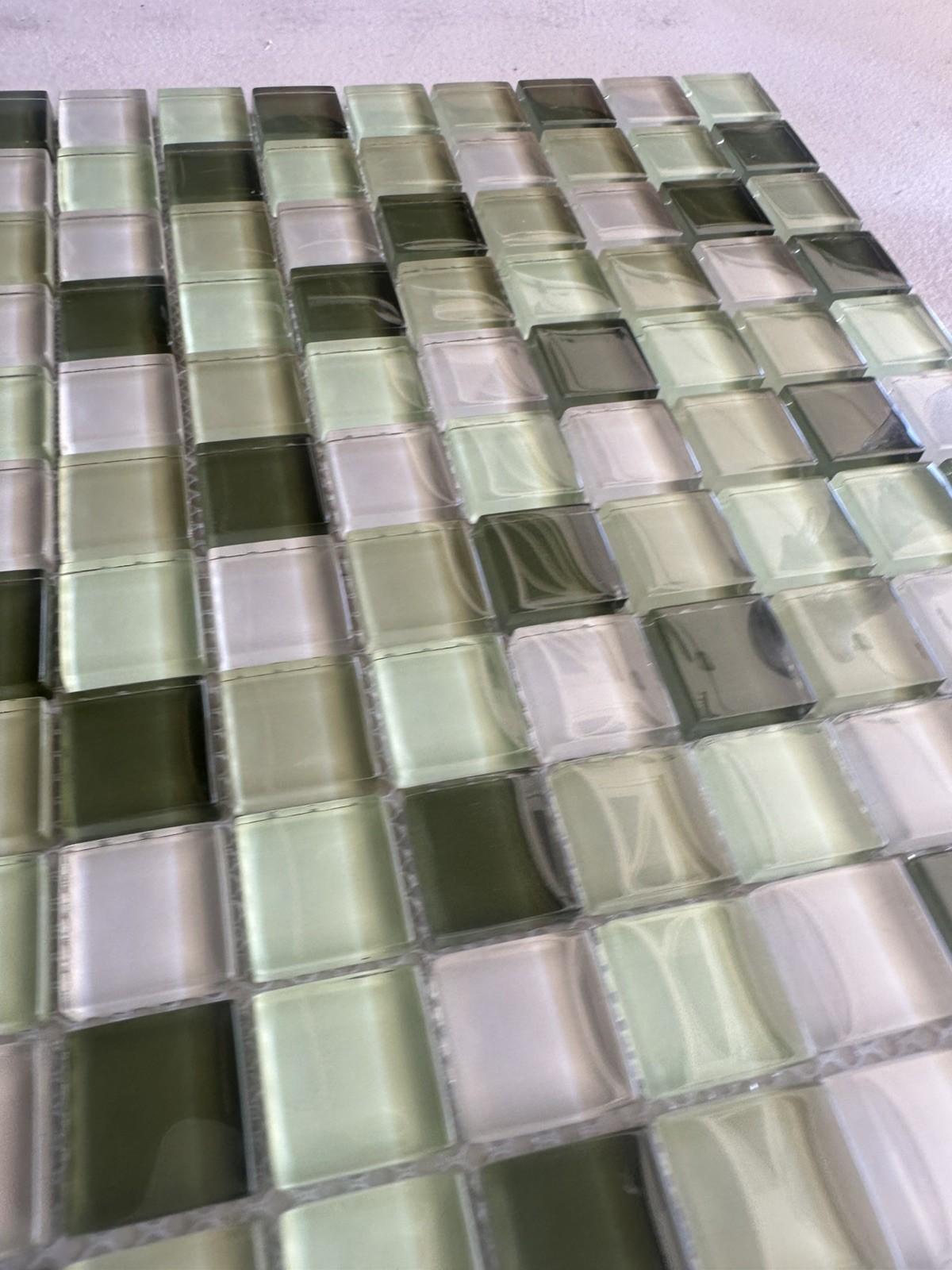 Light green Mix Glossy Glass Mosaic 1″x1″ Stacked Mesh Mounted