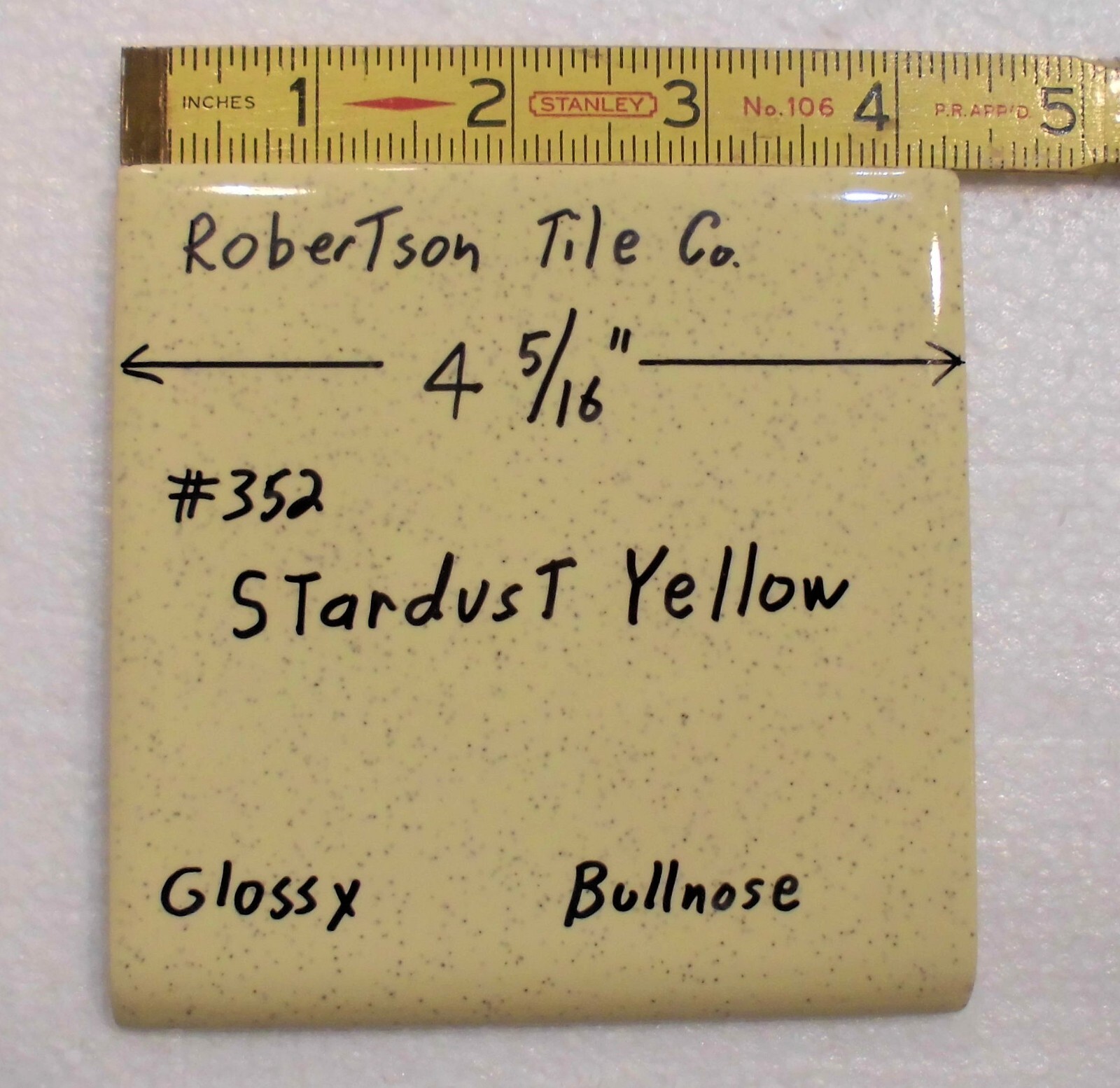 1 pc. Stardust Yellow: Vintage Glossy Ceramic Bullnose Tile 4-5/16” Robertson