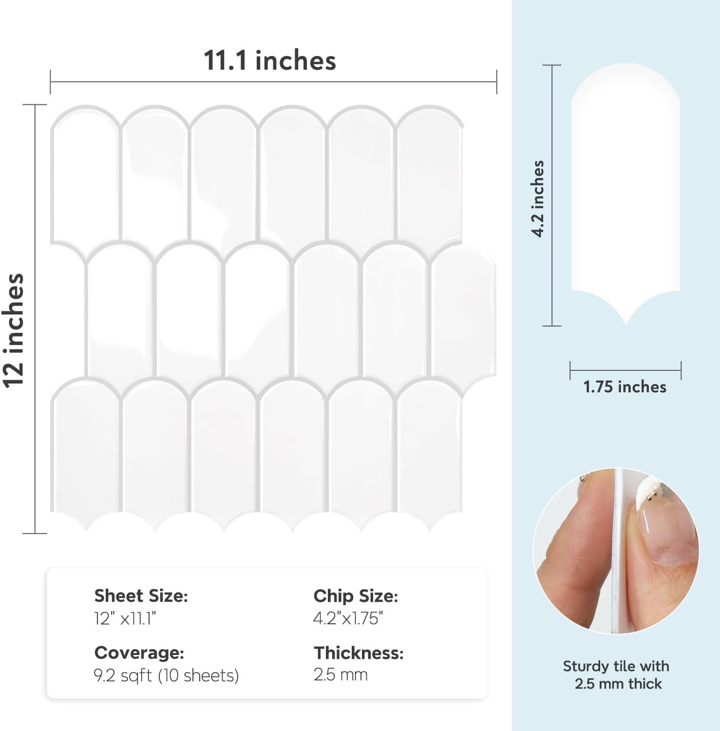Vamos Tile Upgraded Thicker Design 11.1”x12”x2.5mm, White with Grey Grout 10pk