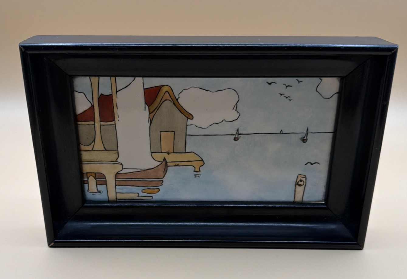 Framed Ceramic Tile Wall Art Coastal Harbor Scene Hand Painted Signed Plaque