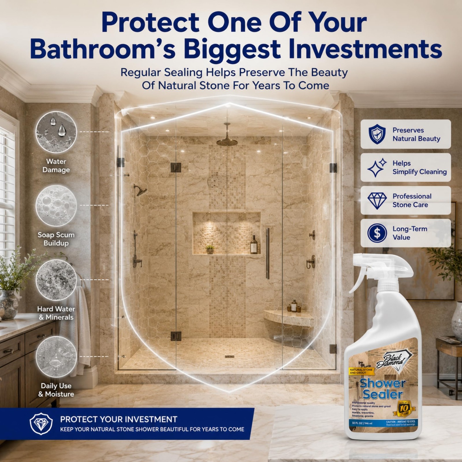 Natural Stone Shower Sealer – Penetrating Water-Based Sealer for Marble, Gran…