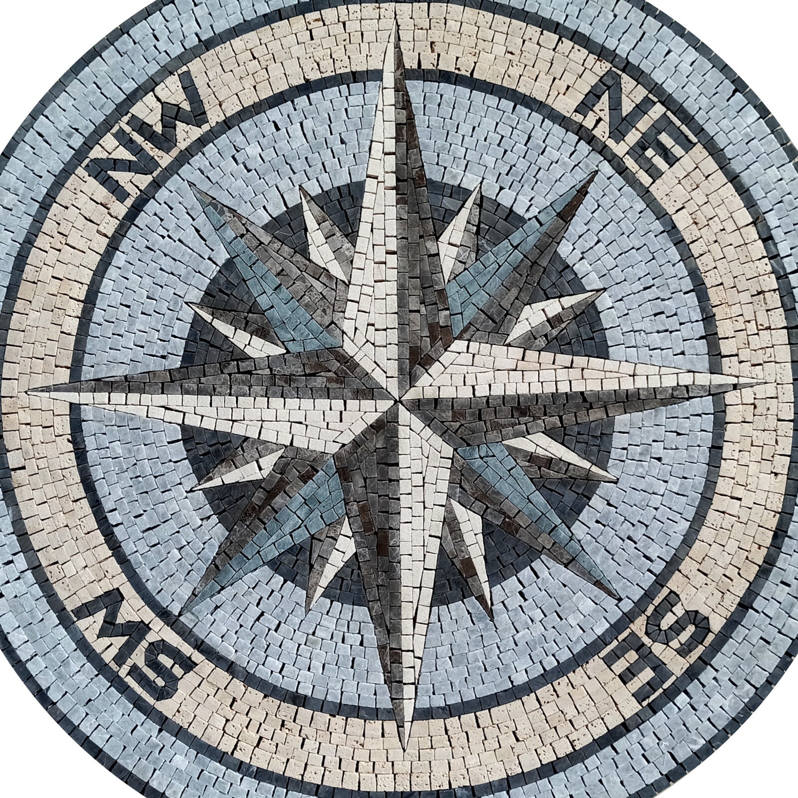 Handmade Nautical Compass Rose in Storm Grey Mosaic Medallion