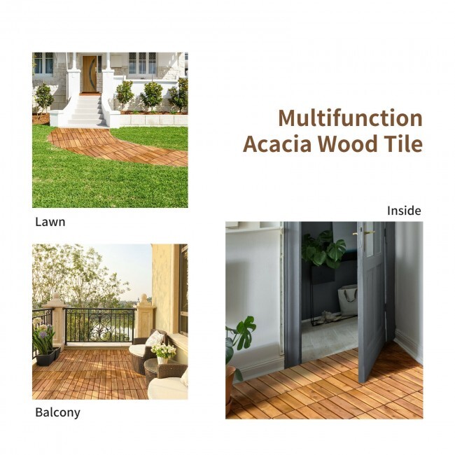 Costway 27PCS 12″ x 12″ Acacia Wood Deck Tiles Interlocking Patio Stripe Pattern