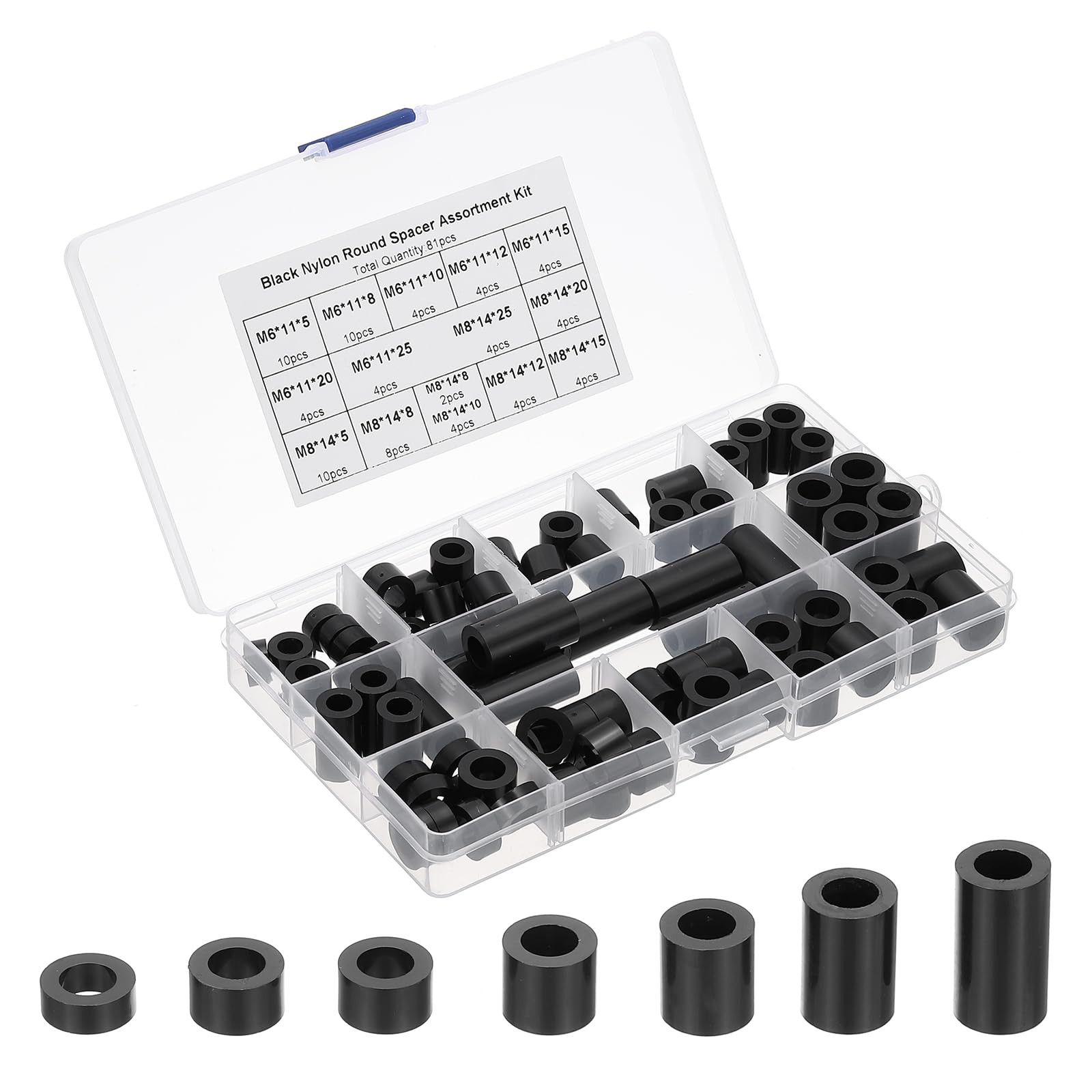 PATIKIL M6 M8 Nylon Spacer, 81Pcs Round Spacer Standoff 11 millimeters, Black
