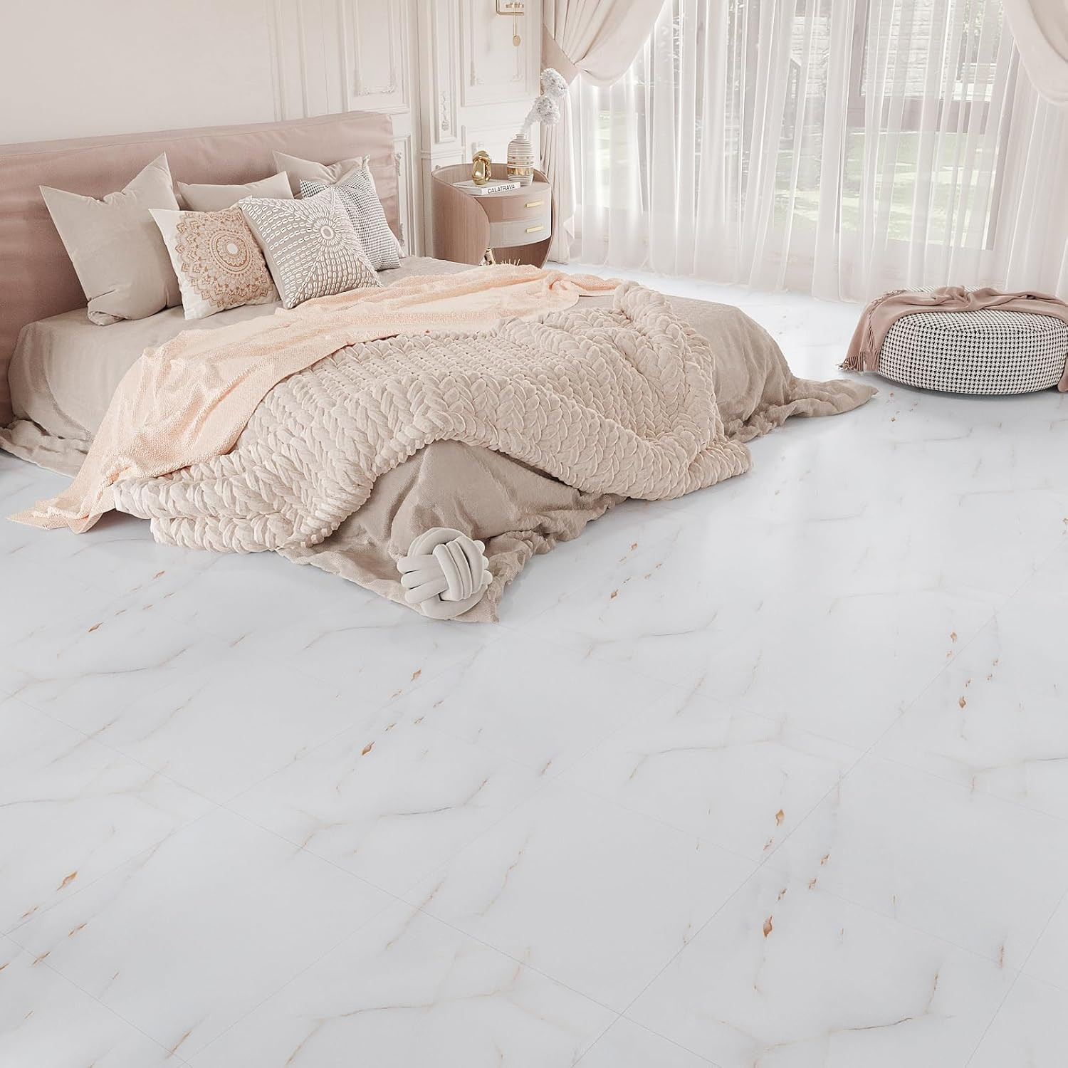 24 Pack Pink & White Marble Peel and Stick Vinyl Floor Tiles 12″x12