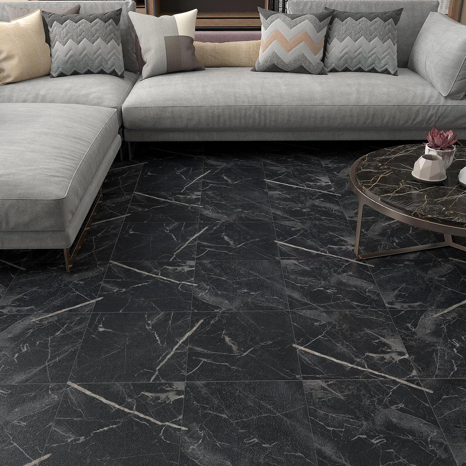 18 Pack Black Marble Peel and Stick Vinyl Floor Tiles 12″x12″ Waterproof