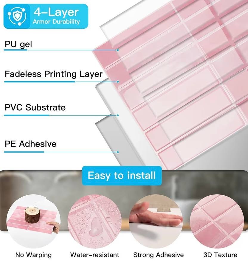 Art3d Peel And Stick Pvc Backsplash Wall Tiles Pink Marble 10 Pack 11.4×9
