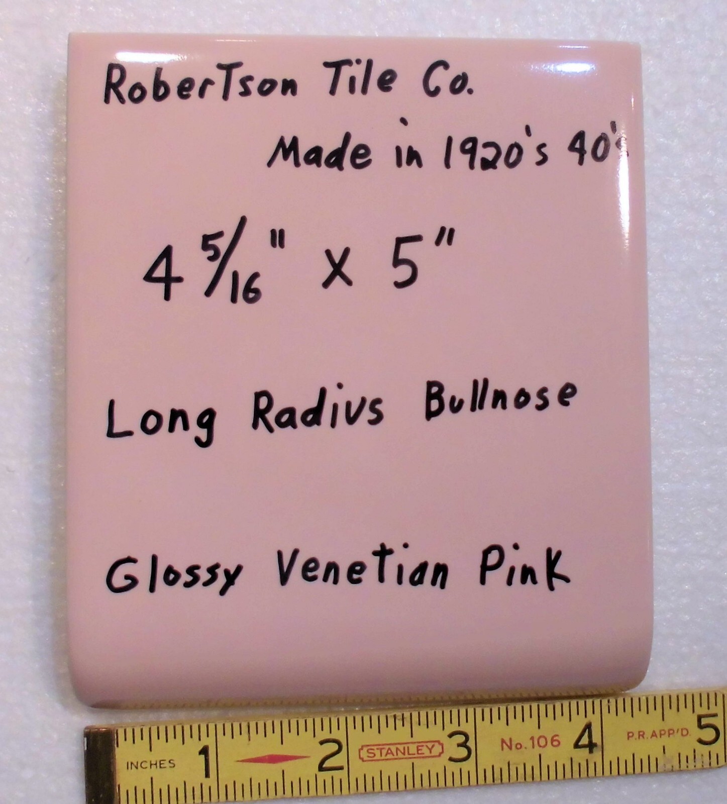 1 pc. Venetian Pink: Glossy Ceramic Radius Bullnose Tile 4-5/16″ X 5″ Robertson