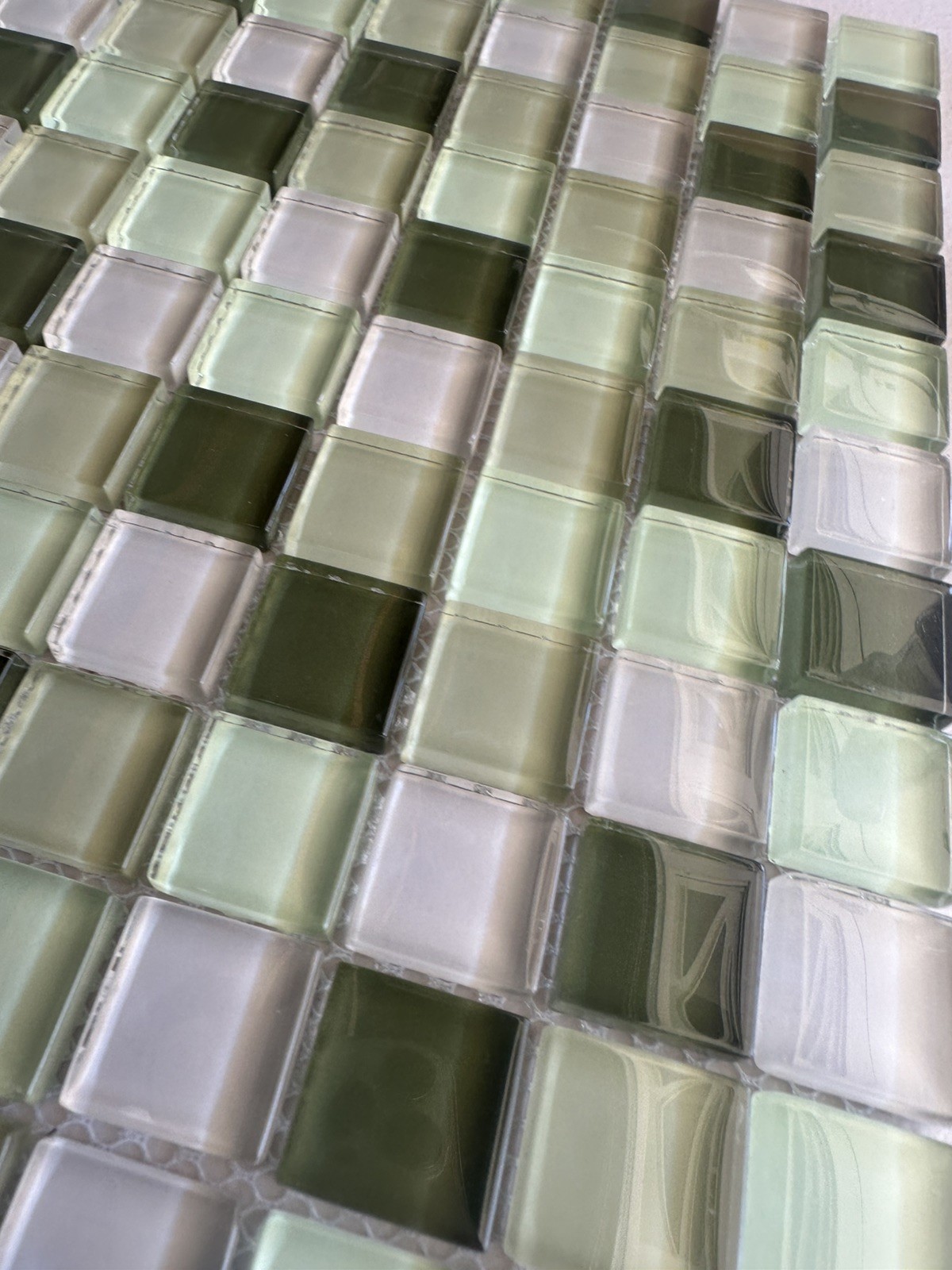 Light green Mix Glossy Glass Mosaic 1″x1″ Stacked Mesh Mounted