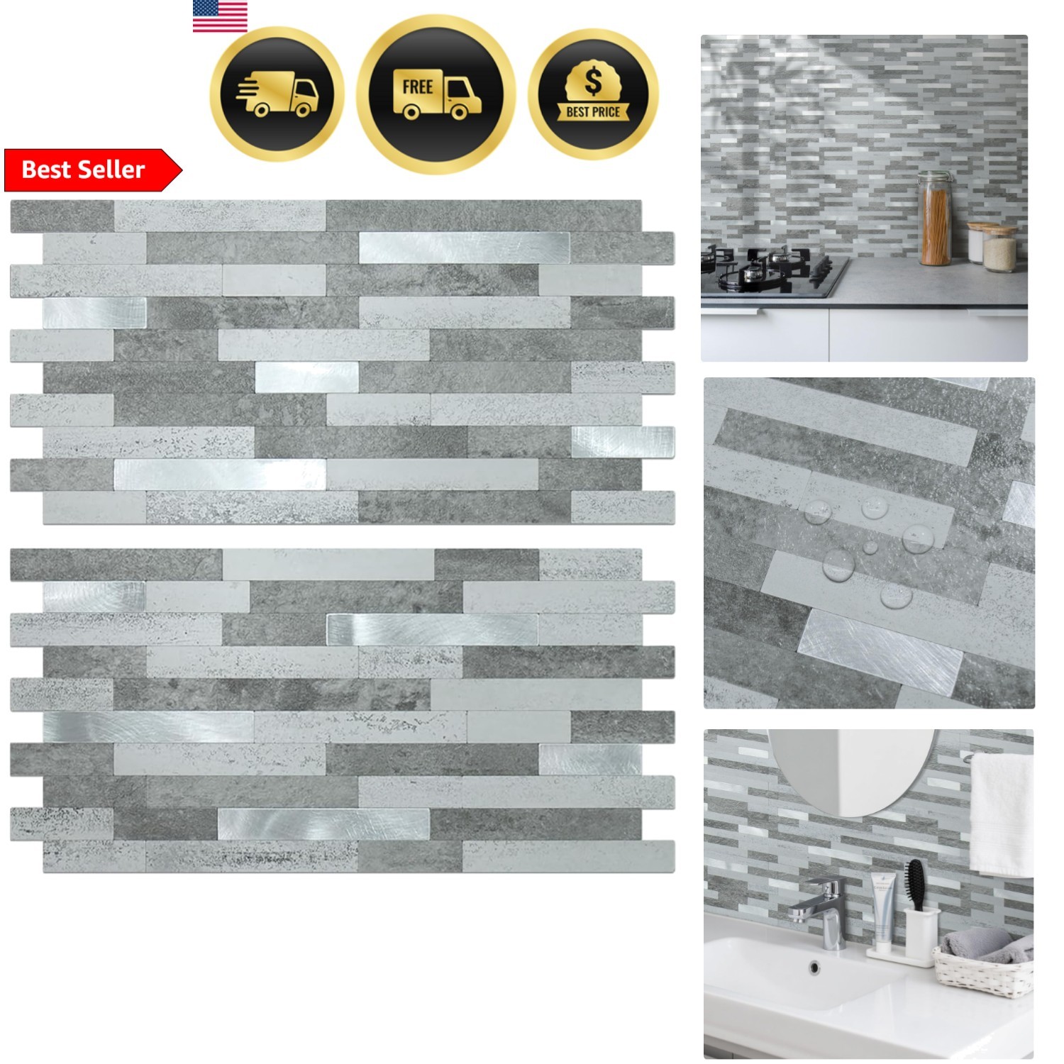 Faux Stone Peel and Stick Backsplash Wall Tiles for Kitchen Bathroom Grey Slate