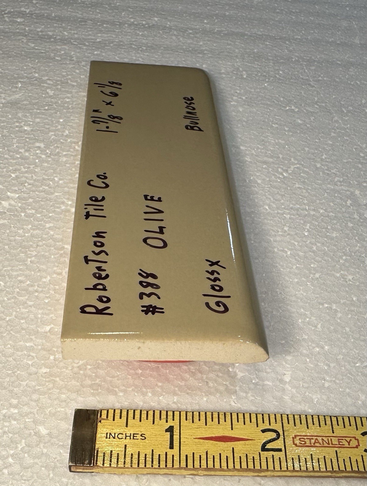 1 pc. Olive – Green: 2” X 6” Glossy Bullnose Ceramic Tile by Robertson, NOS