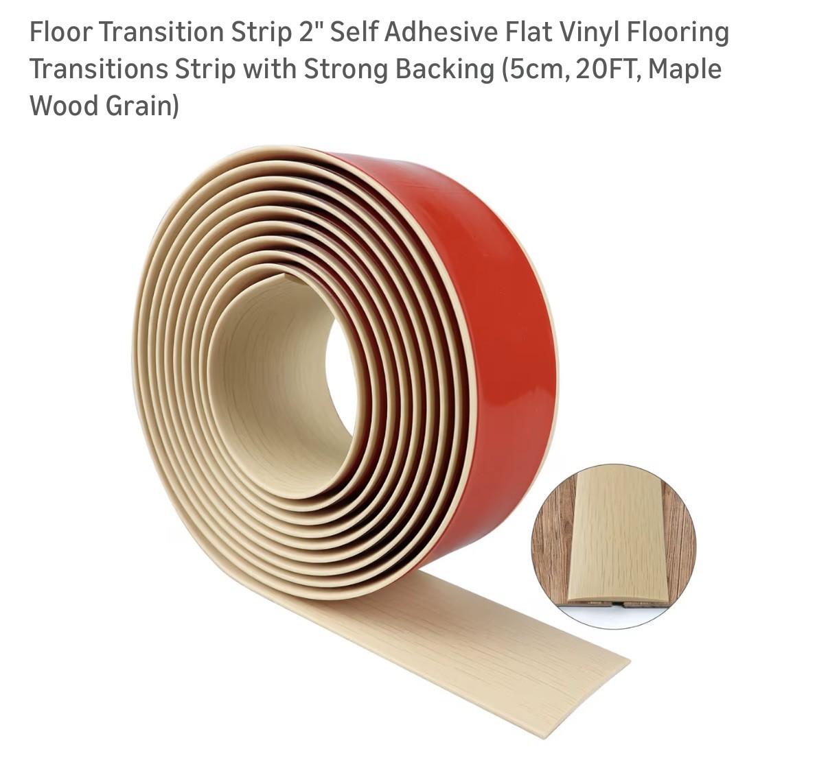 Floor Transition Strip 2” Self Adhesive Flat Vinyl . 5cm, 20Ft. Maple Wood Grain