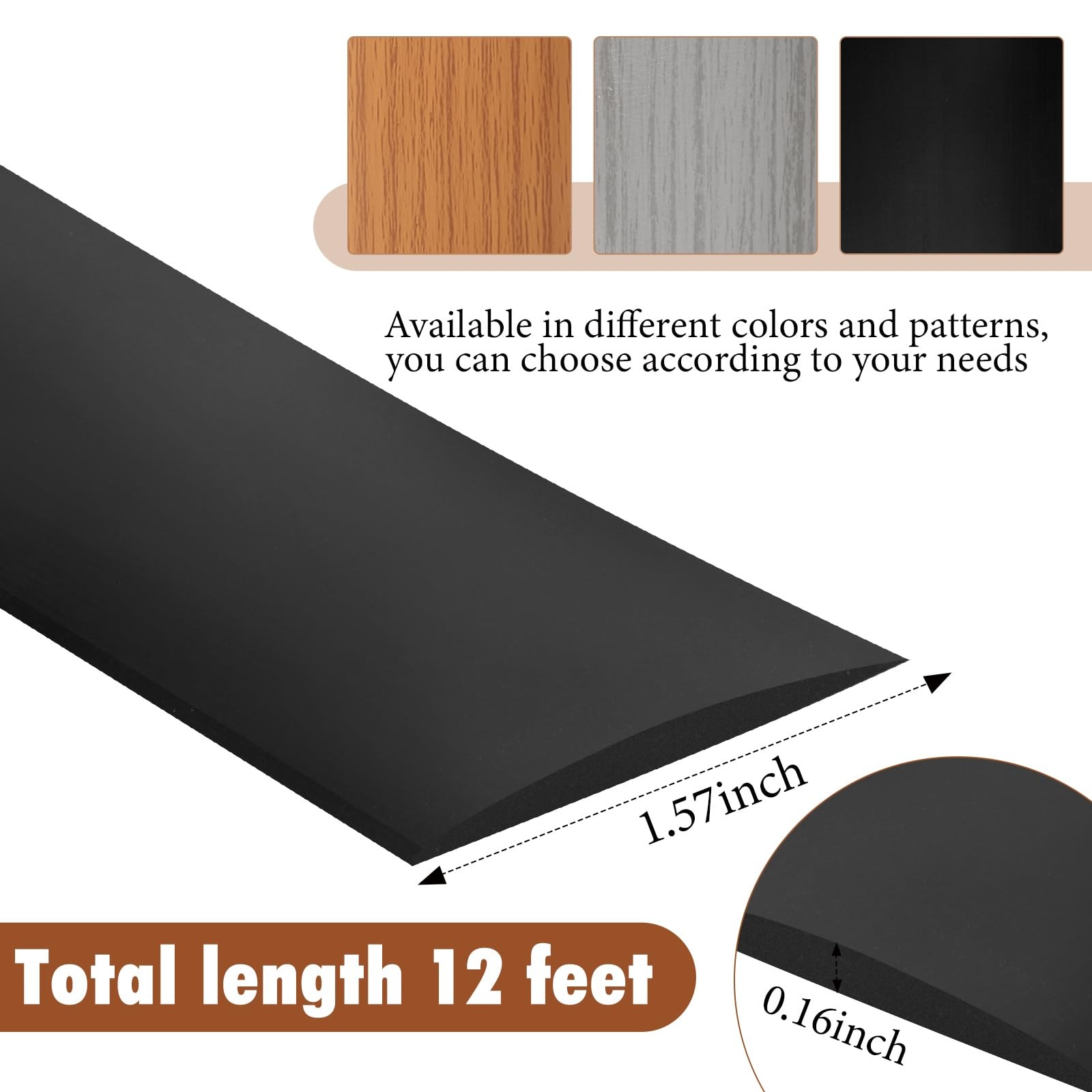 Pangda 12 Ft / 6 Vinyl Floor Transition Strip 1.57″ Wide Self 12 ft, Black