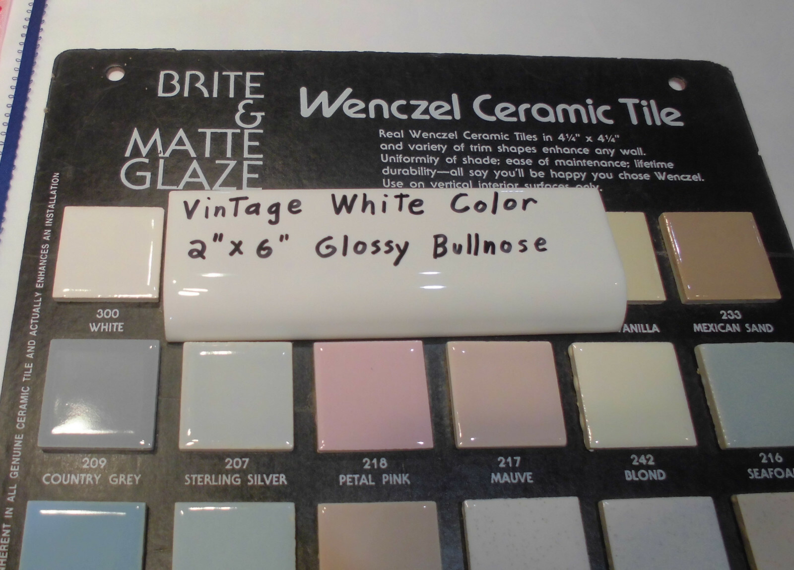 1 pc. *Vintage White* Glossy 2″ X 6″ Ceramic Radius Bullnose Tile; Mud Caps