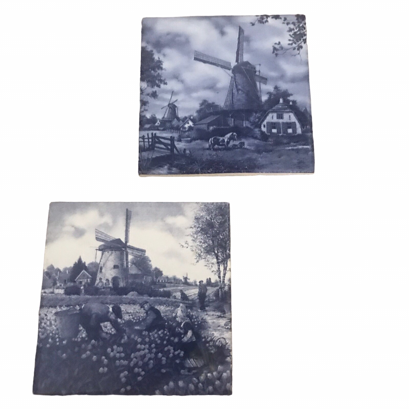 Vintage Delft Blue 4×4 Wall Tiles Pair Windmill Netherlands Replacement