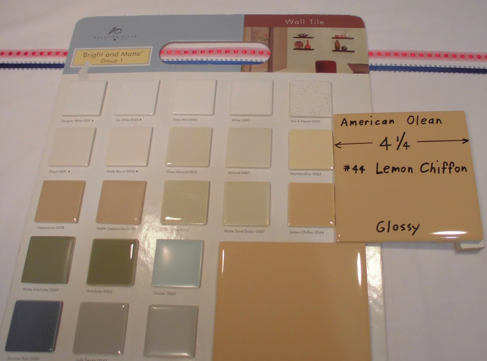 1 pc. Glossy Ceramic Tile *Lemon Chiffon #44* by American Olean 4-1/4″ Mustard