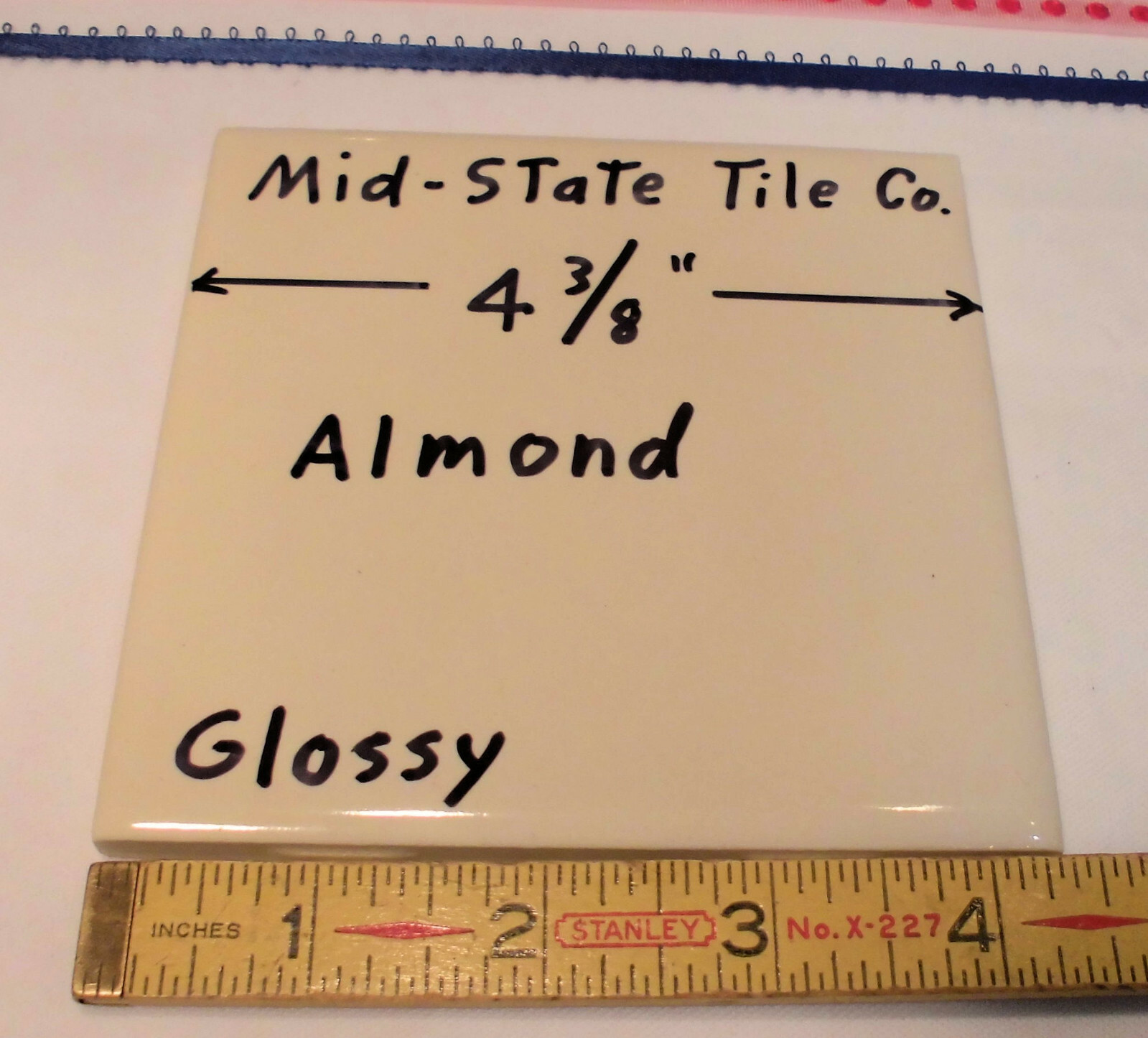 1 pc. *Almond* Glossy 4-3/8″ Ceramic Tile by Mid-State Co.; New Old Stock USA