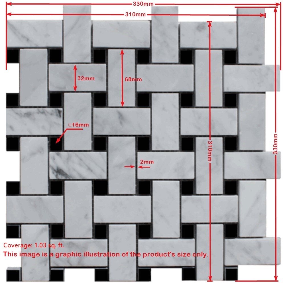 C65L1XH Carrara White Marble Wide Basketweave Mosaic Tile Black dots Honed