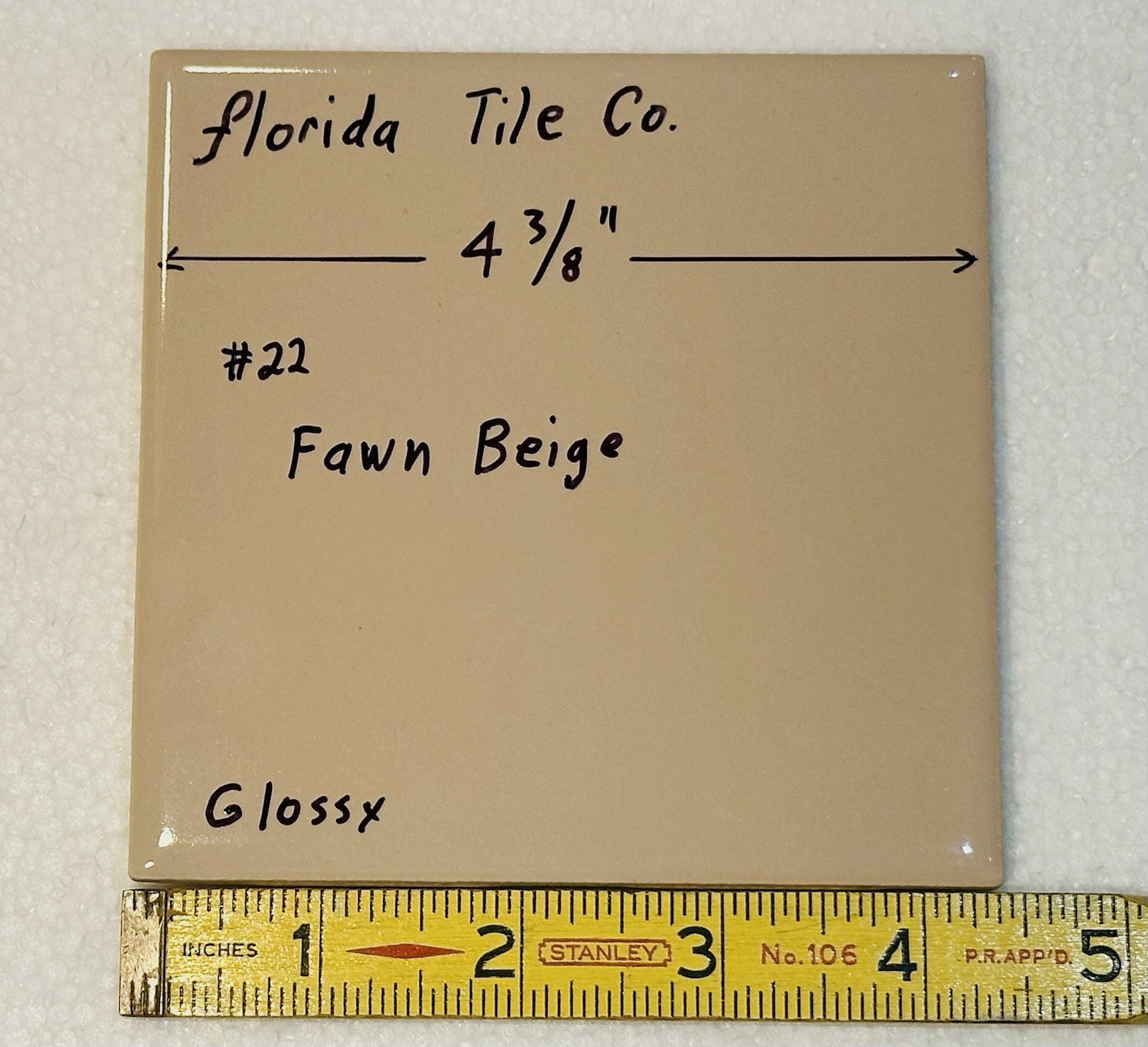 1 pc. Fawn Beige: Glossy Ceramic Tile 4-3/8″ by Florida Co. NOS