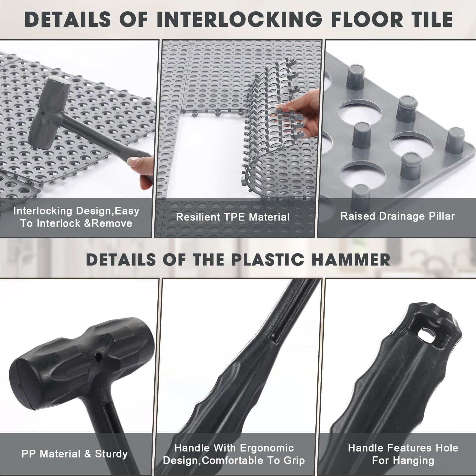 8 Pack Drainage Tiles Modular Interlocking Floor Tiles with 1 Pc Plastic Hamm…
