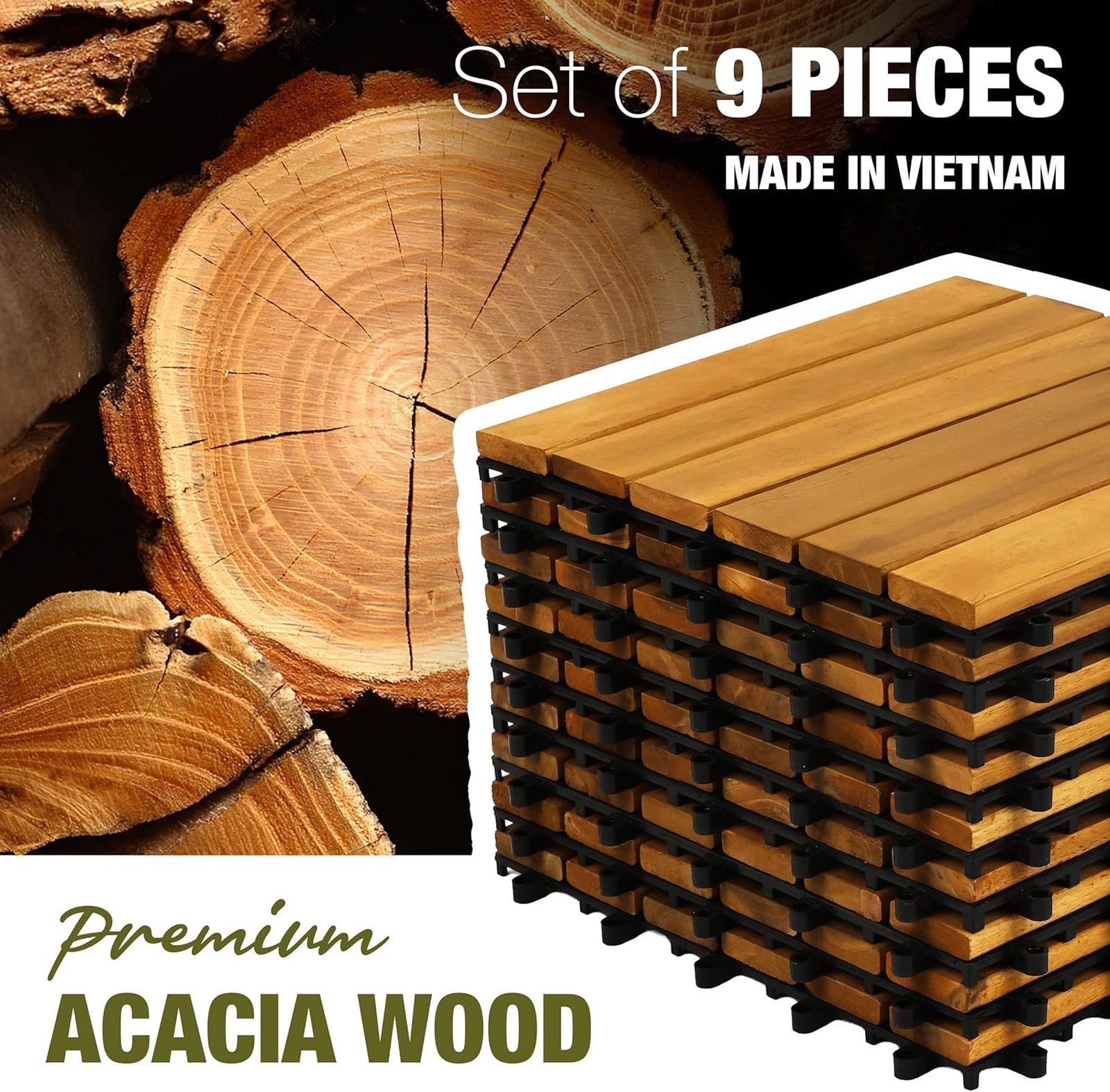 Acacia Wood Interlocking Deck Tiles 12×12 Inches Waterproof Outdoor Patio