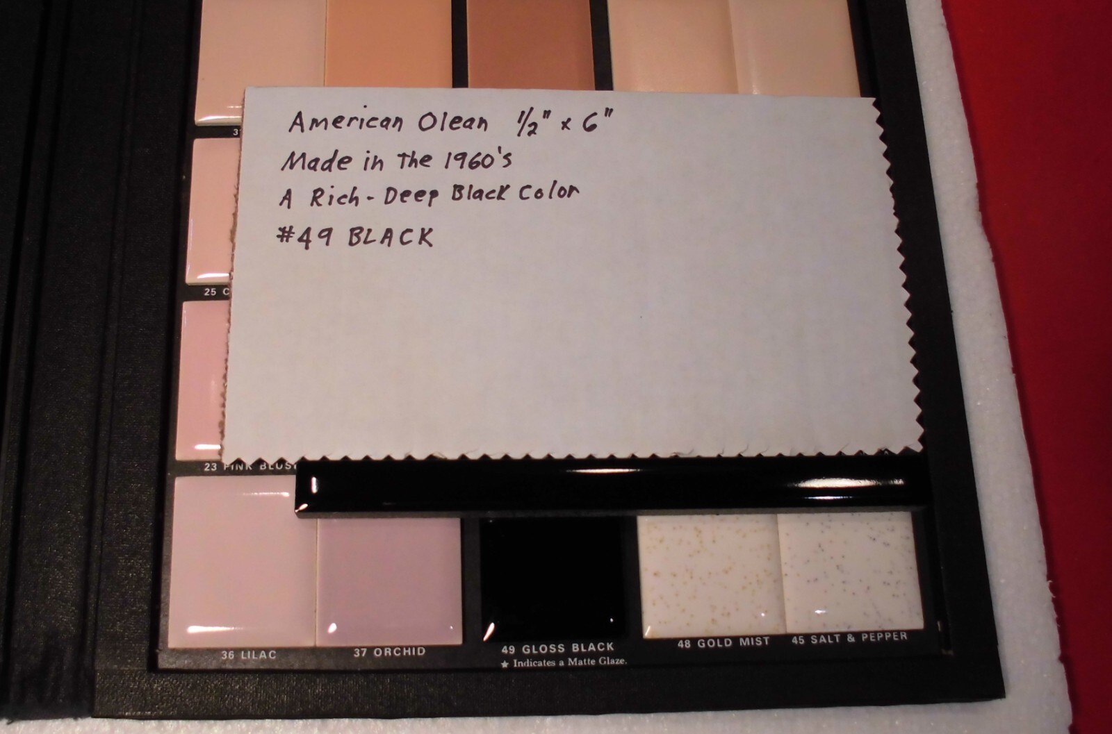 Gloss Dark Black Ceramic Liner-Sizzle Tile 1/2″ X 6″ American Olean, made 1960’s
