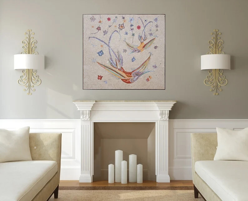Fun and bright, this handcrafted mosaic will bring color to any space. Two birds